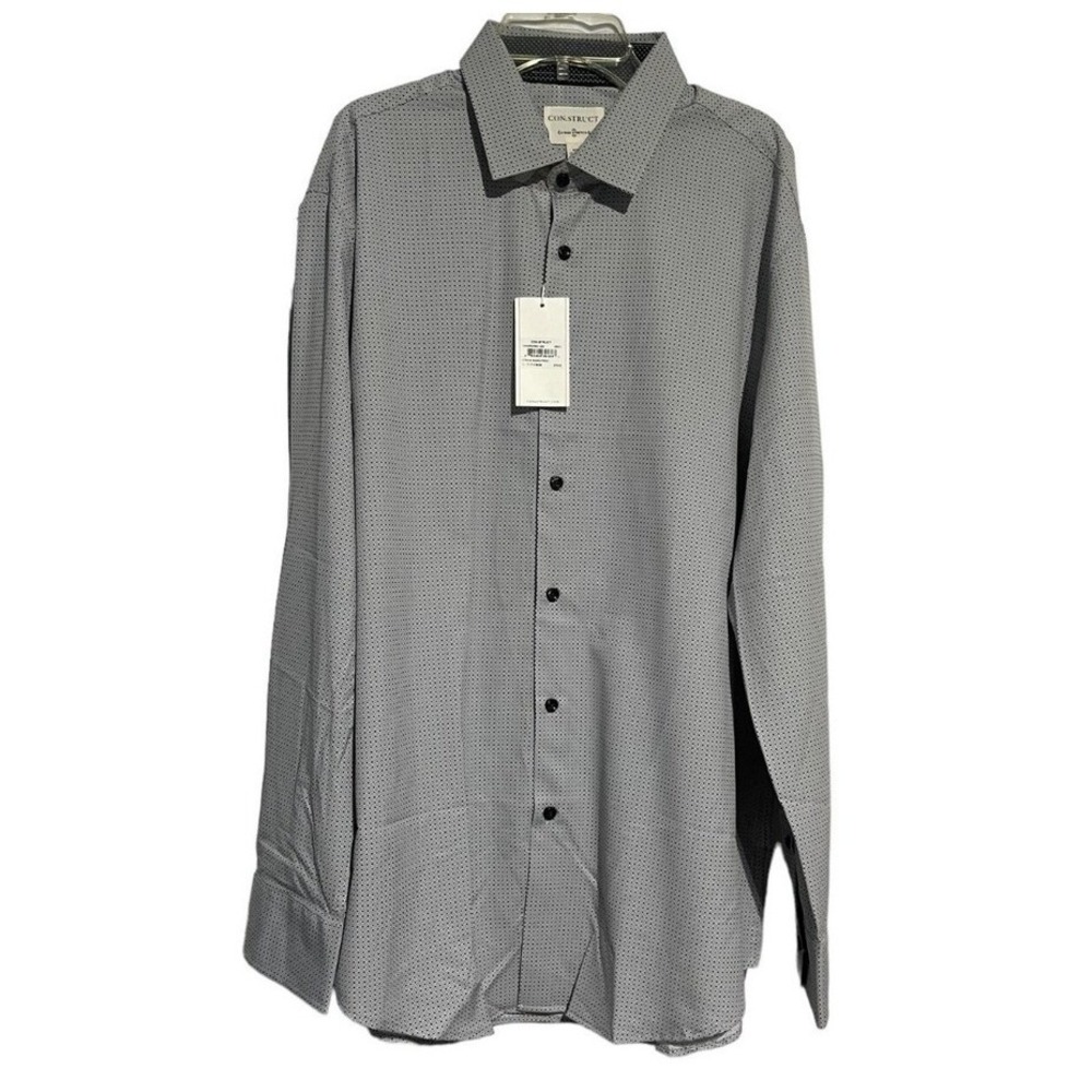 Con.Struct Mens XL Grey Black Micro Dot 4-Way Stretch‎ No Iron Dress Shirt NWT